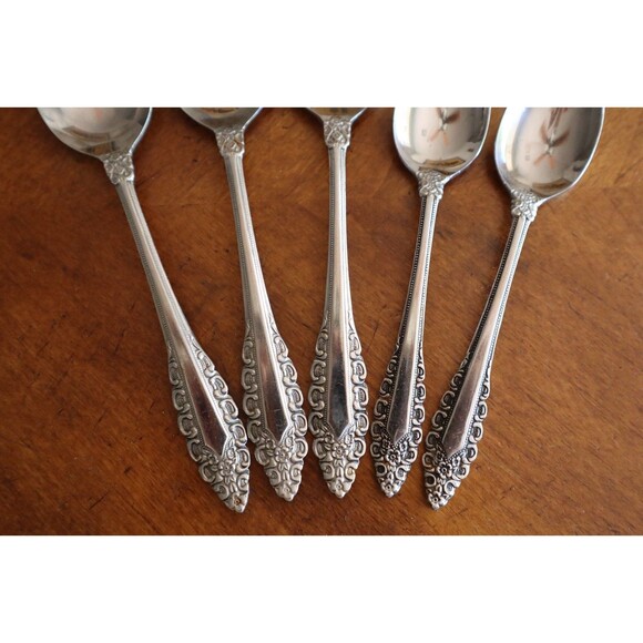 Orleans Silver Black Scroll Floral 5x Dinner Teaspoon Spoon Lot Stainless Japan - Picture 6 of 8